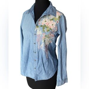 Sundance floral embroidered denim button down western boho shirt size XS